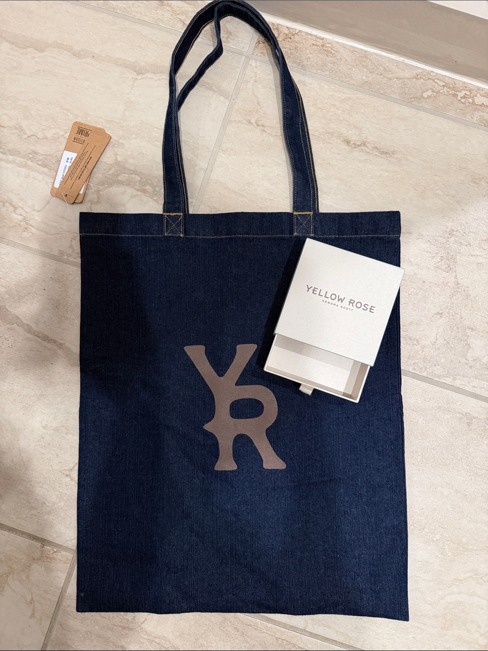 Yellow Rose Denim Tote Bag with Brown YR Logo